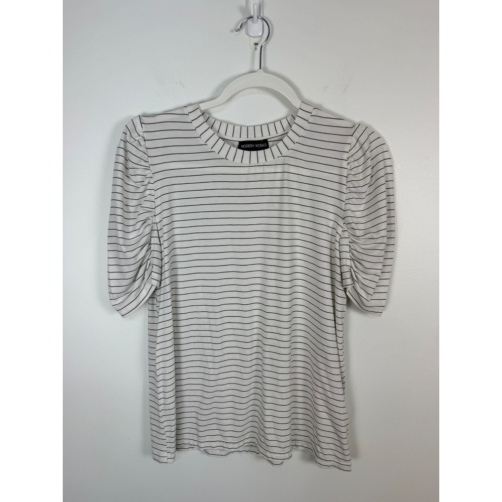 Modern Works Womens White Black Striped Ruched Puff Sleeve Top feminine Small